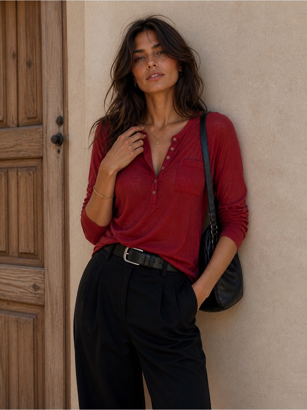 Sandro | Sheer Cotton Henley | Lightweight Knit | Brick | M